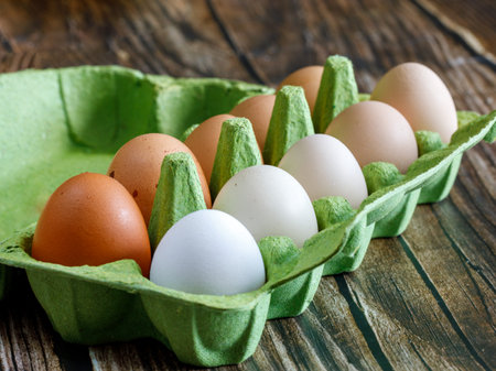 Colorful organic chicken eggs in green egg carton. These eggs were produced in small batches by a variety of chicken species so they appeared in different colors, patterns, and sizes. Side viewの写真素材