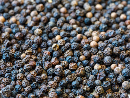 heap of dried black pepper peppercorns (dried ripe piper nigrum fruits). closeup full frame, food backgound, copy space.の写真素材