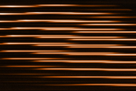 Fluorescent background. Blur curved texture. Futuristic light. Defocused neon orange apricot crush brown color stripes in circles glow on dark ridged abstract overlay, trend color of 2024.の写真素材