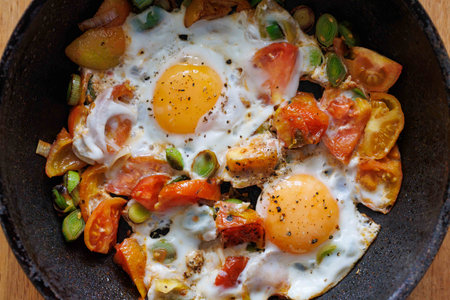 Red shakshuka. Fried eggs with tomatoes and onions, leek in a frying pan, top viewの写真素材