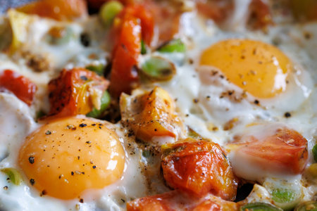 Red shakshuka. Fried eggs with tomatoes and onions, leek in a frying pan, close up. Healthy fitness breakfast conceptの写真素材