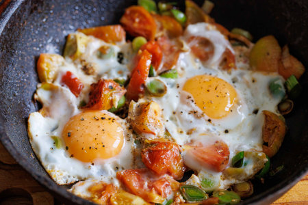 Red shakshuka. Fried eggs with tomatoes and onions, leek in a frying pan, close upの写真素材