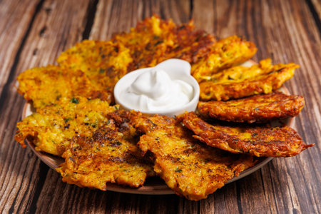 Potato pumpkin cheese cakes Draniki. Vegetable fritters, latkes, hash browns. Vegetable pancakes with sour cream sauceの写真素材