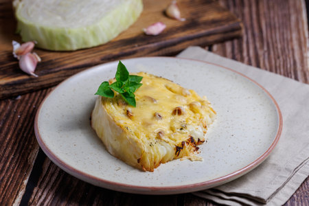 Homemade grilled cabbage steaks with cheese. Healthy vegetarian food ready to eat on a serving plate, cutlery. Wooden table background, close upの写真素材