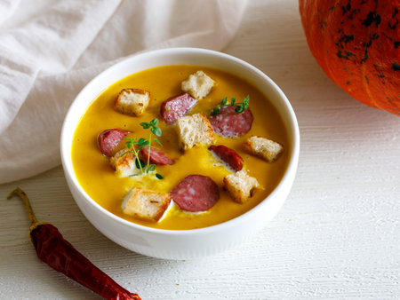 Homemade spicy Pumpkin cream soup, served with smoked mini sausage and bread on a white wooden table wth pumpkin and chili pepper. Top view close upの写真素材