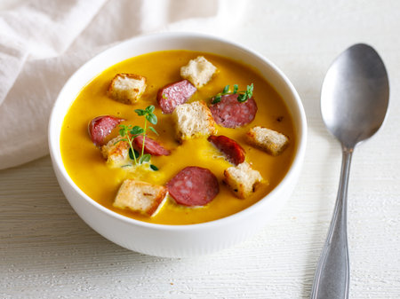 Homemade spicy Pumpkin cream soup, served with smoked mini sausage and bread on a white wooden table with spoon. Top view close upの写真素材