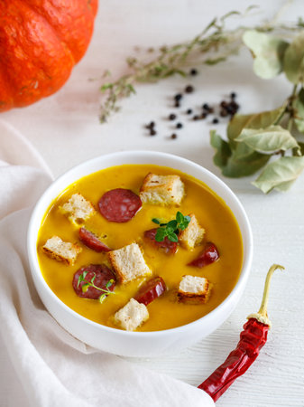 Homemade spicy Pumpkin cream soup, served with smoked mini sausage and bread on a white wooden table wth pumpkin and chili pepper. Top view close up., verticalの写真素材