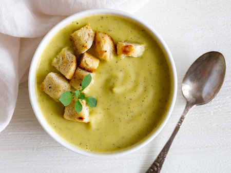 bowl of homemade zucchini cream soup with chicken and basil with croutons on white wooden table with spoon. Top view flat layの写真素材