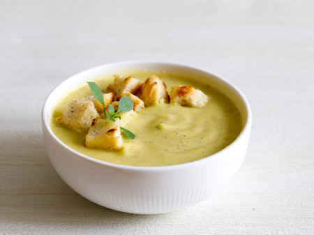 bowl of homemade zucchini cream soup with chicken and basil with croutons on white wooden table. Side view close upの写真素材
