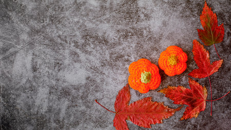 not closed Border Frame of colored autumn maple leaves falling with crocheted orange pumpkin on grey marble backgroundの写真素材