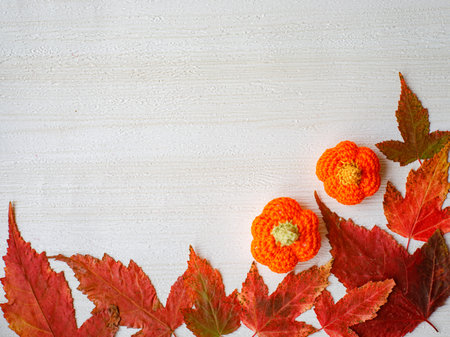 not closed Border Frame of colored autumn maple leaves falling with crocheted orange pumpkin on white wooden backgroundの写真素材