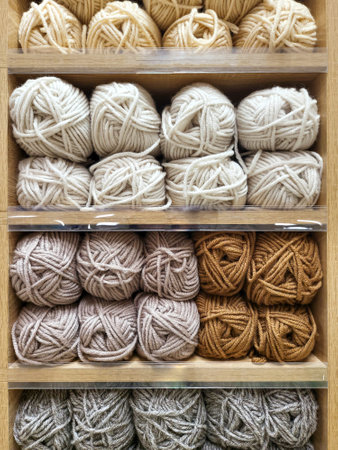 Shop shelf with monochrome yarn for knitting. Beige grey color for creativity, crocheting and needlework. Pastel yarn balls full frame vertical backgroundの写真素材