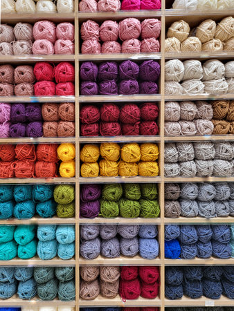 Shop shelf with multicolored different sorts yarn for knitting. Various color for creativity, crocheting and needlework. Bright colorful yarn balls full frame vertical backgroundの写真素材