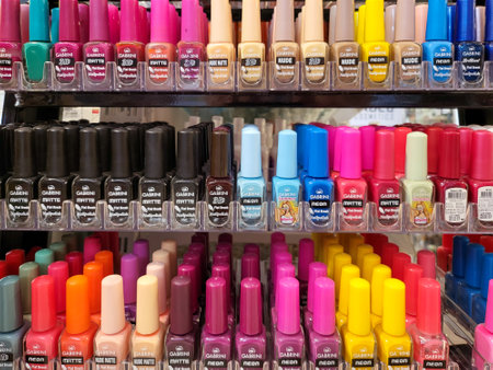 Many different colors of Nail Polish Display in shop, Beauty and Makeup, Cosmetic Shop, Full frame background. Antalya, Turkey 26 june 2024の写真素材