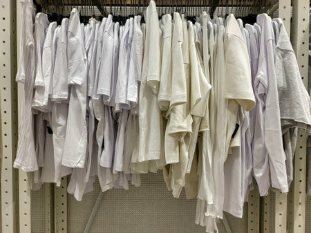 white clothes arranged on hangers in shop. Wardrobe full of all shades of white t-shirts and long sleeve t-shirtsの写真素材