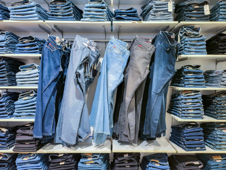 Display shelves with denim pants jeans trousers in department clothes of retail store. Blue monochrome full frame background. Antalya, Turkey 27 june 2024の写真素材