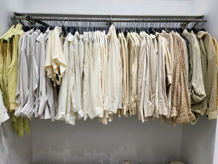 beige and white clothes arranged on hangers in shop. Wardrobe full of all shades of beige and white blouses and shirtsの写真素材
