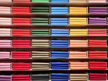 Colorful rainbow clothes full frame background .Various vibrant color shirts perfectly folded on shelf in shop. Colored male clothes displayed in store. T-shirt of different color are neatly stacked.の写真素材