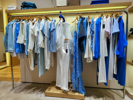 Dressing closet with many different blue clothes arranged on hangers. Wardrobe full of all shades of blue clothesの写真素材