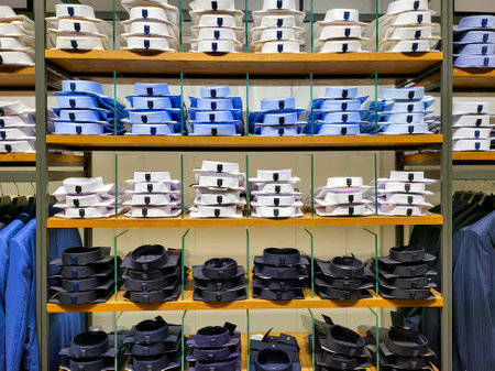 Showcase with assortment of many white, blue, black man shirts on shelves in menswear store. Sell textile industry concept. Full frame backgroundの写真素材