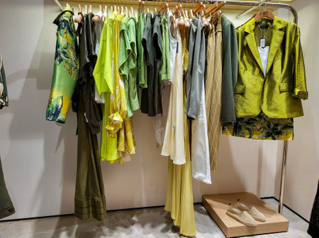 Dressing closet with green clothes arranged on hangers. Wardrobe full of all shades of green clothesの写真素材