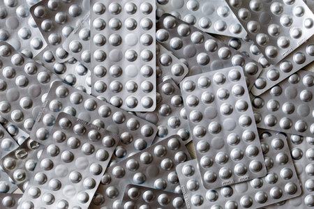 Medical drugs and pills in silver shiny package full frame background. Top view. Medicine and healthcare conceptの写真素材