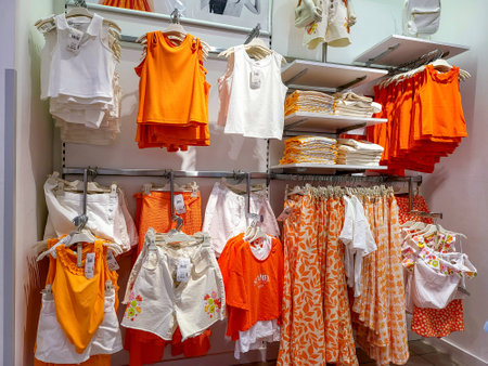 White and orange bright baby clothes hanging on stand in shop, full frame background. Antalya, Turkey 27 june 2024.の写真素材