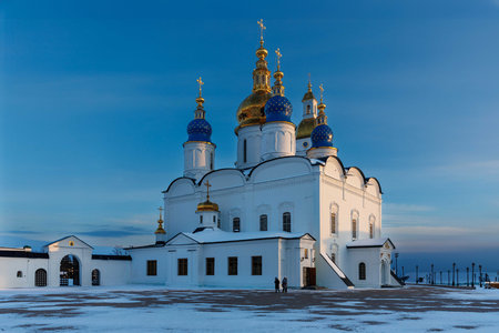 The view of five-domed St Sophia-Assumption Cathedral - the first stone building in Siberia. Tobolsk Kremlin in winter at sunset.の写真素材