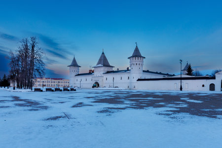 White stone Tobolsk Kremlin in winter. Guest Yard, ancient Russian architecture of the XVII century in first capital of Siberia at sunsetの写真素材