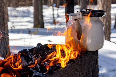 Water boiling in tea kettle on grill grate in barbecue at campground campsite with red flame fire burning over logs in winter natureの写真素材