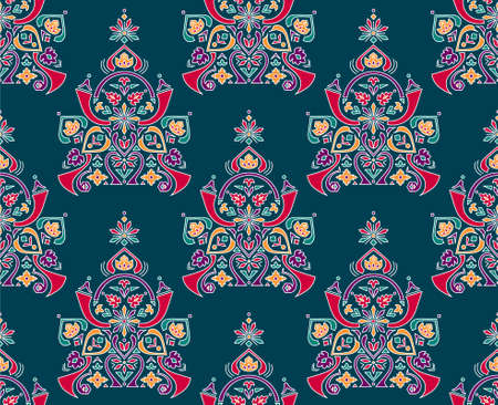 Indian traditional ethnic motifs in a seamless vector repeat pattern print. Mandala-inspired green red pattern.のイラスト素材