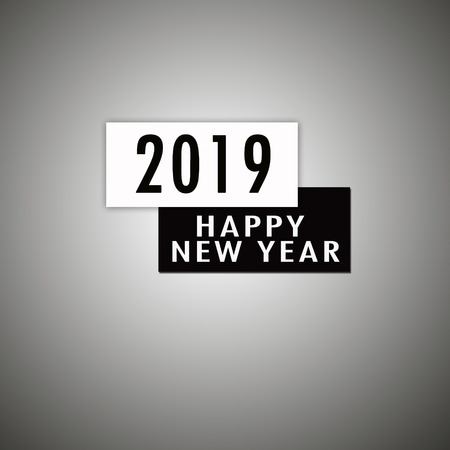 Happy new year 2019 written on black and white colour banner on gray background.
