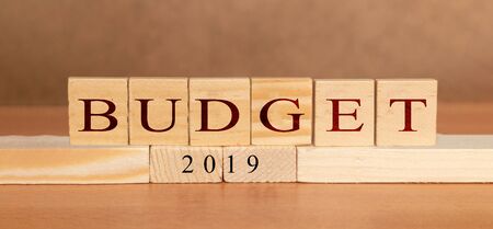 BUDGET 2019 printed on wooden blocks on wooden textured backgroundの写真素材