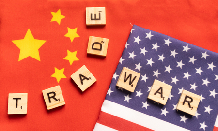 Maski, India 29,May 2019 : China-US trade war concept - flag of China and the United States with wooden block letters.のeditorial素材