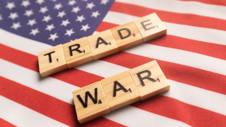 Maski, India 29,May 2019 : China-US trade war concept - flag of China and the United States with wooden block letters.のeditorial素材