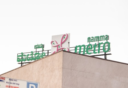 Bangalore, Karnataka, India June 02, 2019: Namma metro board on top of the building near Kempegowda Station Bengaluru.のeditorial素材