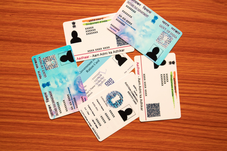 Maski,Karnataka,India - June 26, 2019: Aadhaar card, Ration card, Voter ID and Pan card which is issued by Government of India as an identity cardのeditorial素材
