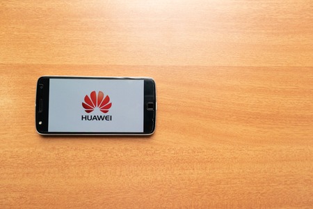 Maski, India - June 21, 2019: Huawei logo on screen of Mobile. Huawei Technologies Co., Ltd. is a Chinese multinational networking and telecommunications equipment and services Company.のeditorial素材