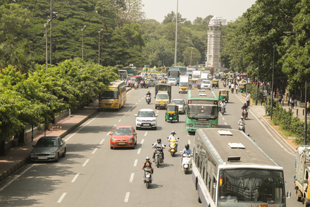 Bangalore, Karnataka India-June 04 2019 : Aerial View of five lane highway road with waiting vehicles near BBMP Bengaluru Office, Karnatakaのeditorial素材