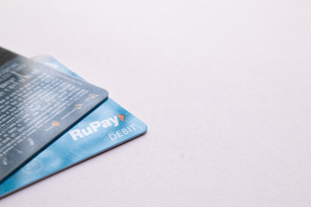 Maski, India - June 18, 2019 : RUPAY debit cards on Isolated backgroundのeditorial素材