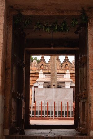 View through the gopuram of Kumaraswami Temple on top of the Krauncha Giri or hill at sandurの写真素材