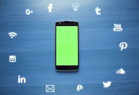 Maski, India - July 7, 2019 - Flat lay Image showing concept of social media, Internet and Communication with Iconsのeditorial素材