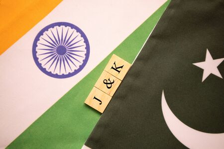 India Pakistan flags with J and k written in scrabble letters on the flag.の写真素材
