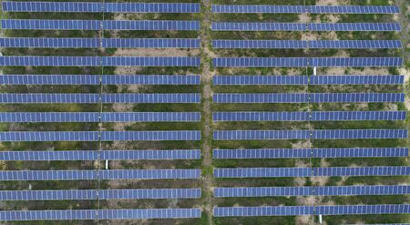Aerial View of solar farm or solar power plant near Raichur, India.の写真素材