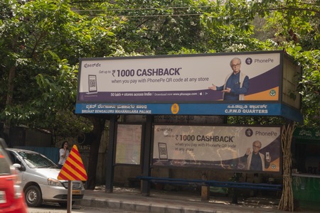 Bengaluru, India June 27, 2019 : PhonePe billboard ad at the BMTC Busstop, Bengaluru Indiaのeditorial素材