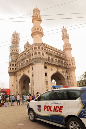 Hyderabad, India october 12,2019 - Telangana police vehicle near to Historic charminar monument in Hyderabad, Indiaのeditorial素材