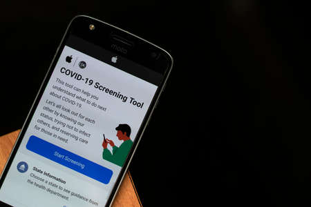 Maski, India - April 17, 2020 : COVID-19 Sceening Tool website developed by Apple Inc. and the CDC...