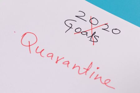 Notepad page with crossed out annual 2020 goals due to coronavirus covid-19 Quarantine - Concept cancelled planes or goals due to covid-19 pandemic outbreakの写真素材