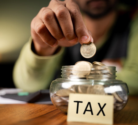 Selective focus on Hand holiding coin, man placing coins inside the bowl with TAX written on paper - Concept of Tax savings.の写真素材
