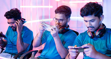 Front view of Team of young professional gamers seriously playing of live video game on mobile phone at esports tournamentの写真素材